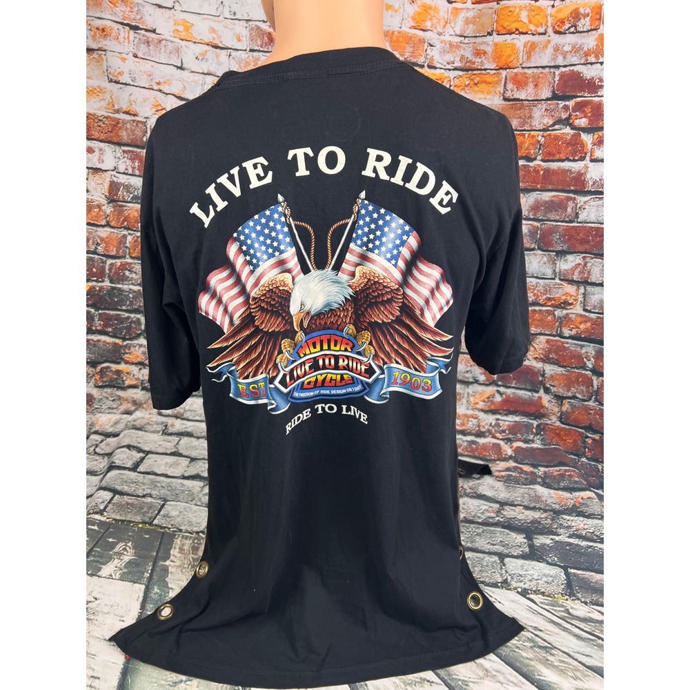 Motor Live To Ride Cycle Black Biker Tee Eagle Grommet Side Slit Shirt Womens L - Picture 4 of 7